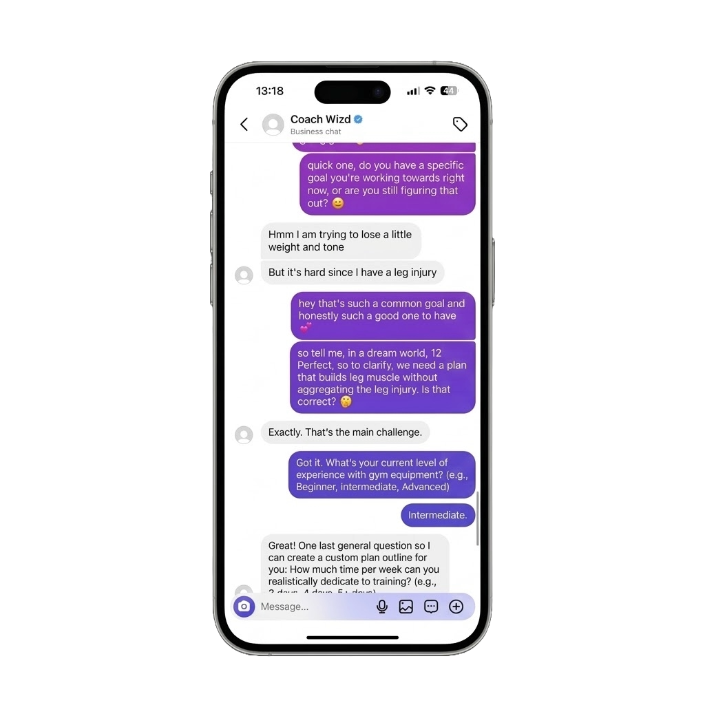 Real Instagram conversation showing Wizd AI qualifying a coaching lead